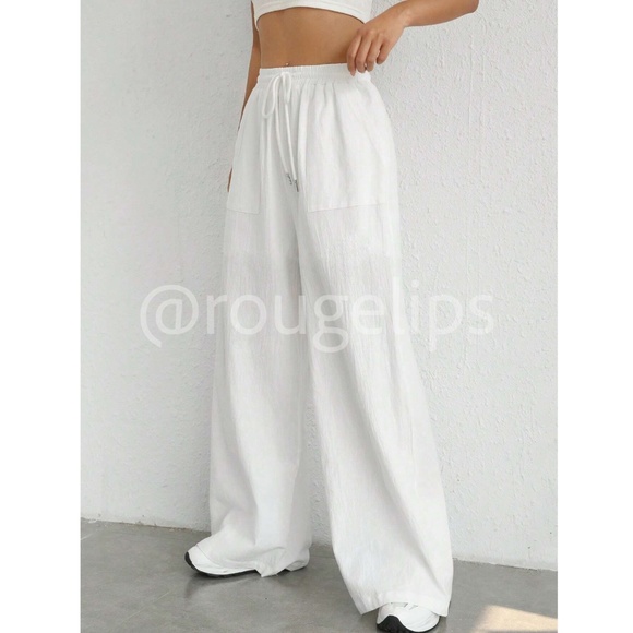 White 100% Cotton Elastic Waist Wide Pants with Drawstring Ties Pockets Long - Picture 5 of 10